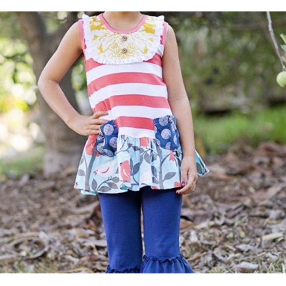 Giggle Moon Dress/Tunic Girl's Size 4 Tank Top Pockets Birds Stripes Boutique
